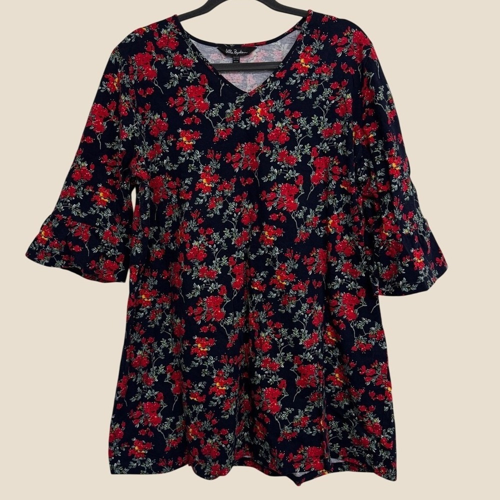 Ulla‎ Popken Womens 16/18 Navy Tunic Top with Red Floral Print Short Sleeves